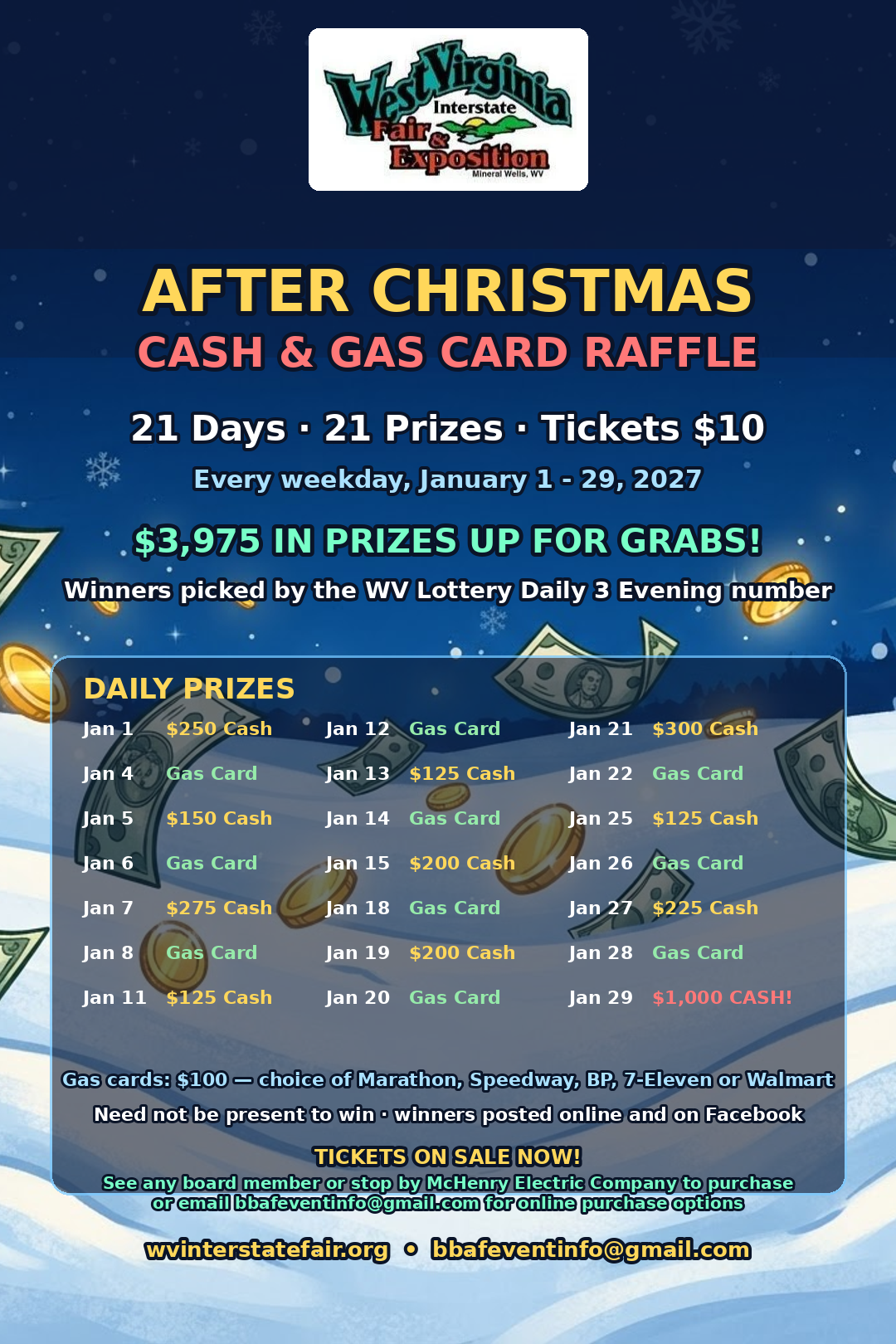 After Christmas Cash & Gas Card Raffle flyer with all 21 prizes